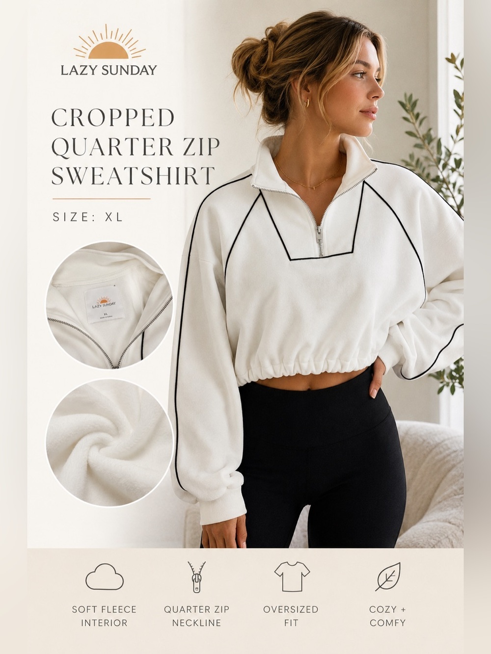Lazy Sunday White Cropped Half Zip Sweatshirt XL Oversized Fleece Pullover Black